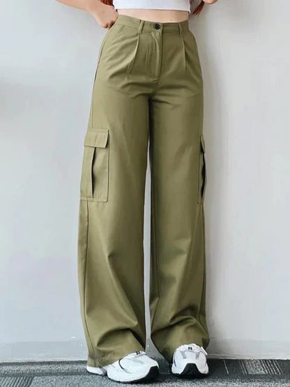Hoge Taille Cargo Broek Voor Vrouwen Met Wijde Pijpen