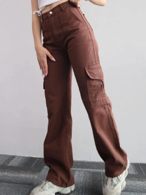 Hoge Taille Cargo Broek Voor Vrouwen Met Wijde Pijpen