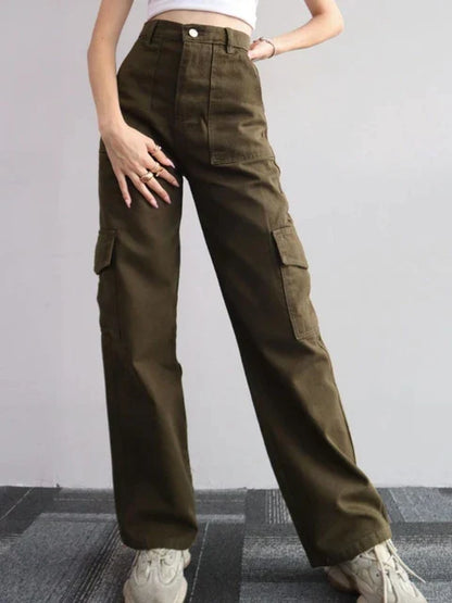 Hoge Taille Cargo Broek Voor Vrouwen Met Wijde Pijpen