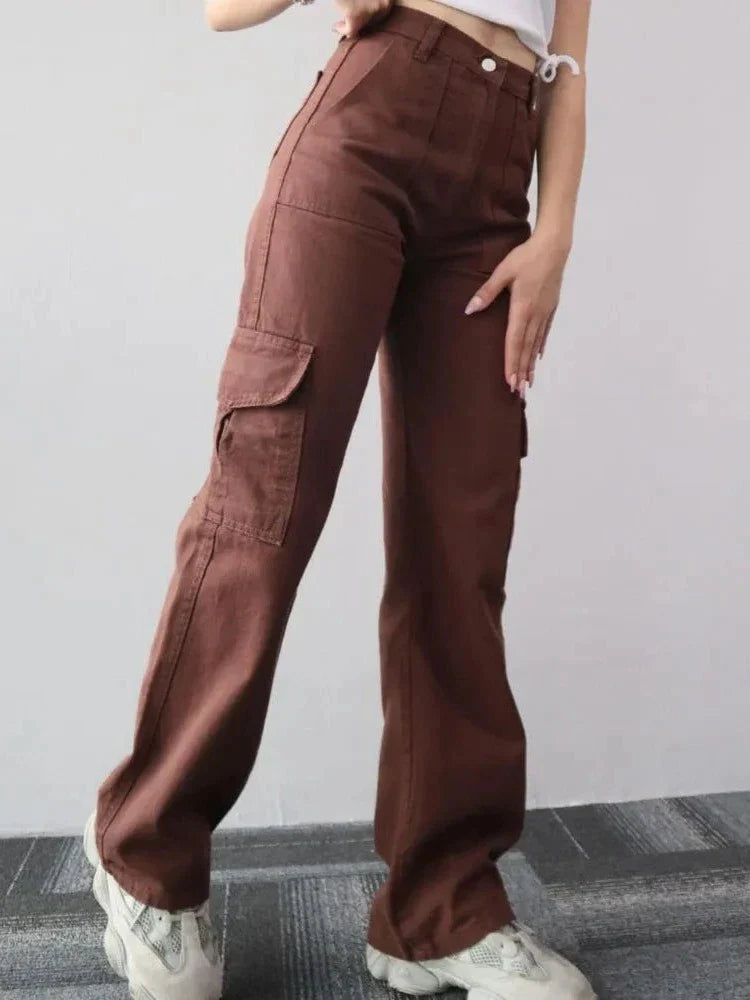 Hoge Taille Cargo Broek Voor Vrouwen Met Wijde Pijpen
