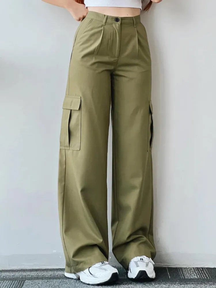 Hoge Taille Cargo Broek Voor Vrouwen Met Wijde Pijpen