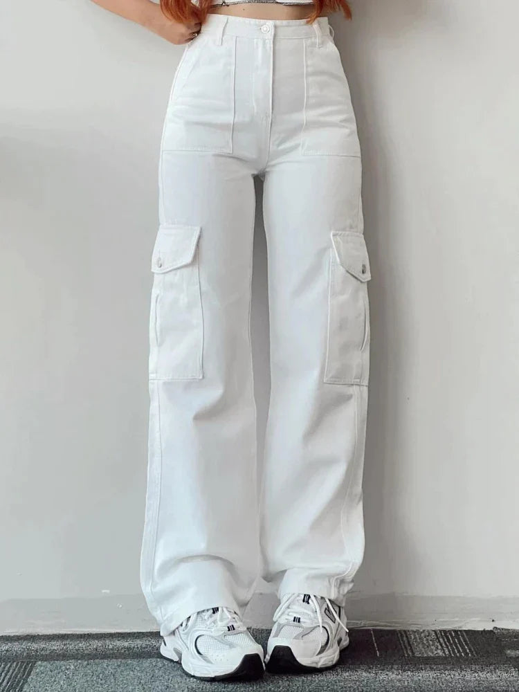 Hoge Taille Cargo Broek Voor Vrouwen Met Wijde Pijpen