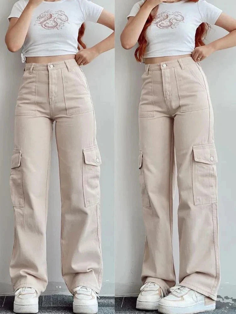 Hoge Taille Cargo Broek Voor Vrouwen Met Wijde Pijpen
