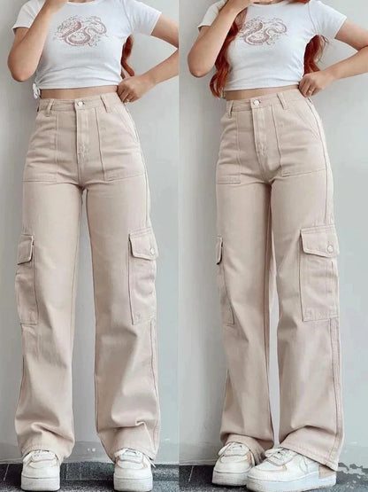 Hoge Taille Cargo Broek Voor Vrouwen Met Wijde Pijpen