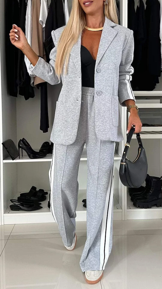 Comfortabele Dames Blazer Set met Wijde Pantalon en Strepen