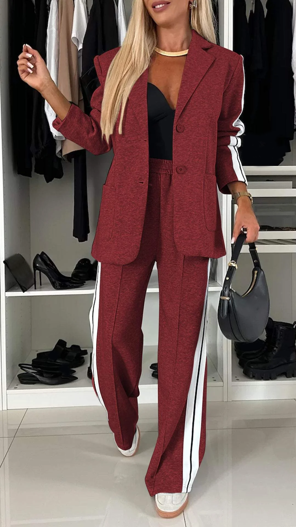 Comfortabele Dames Blazer Set met Wijde Pantalon en Strepen