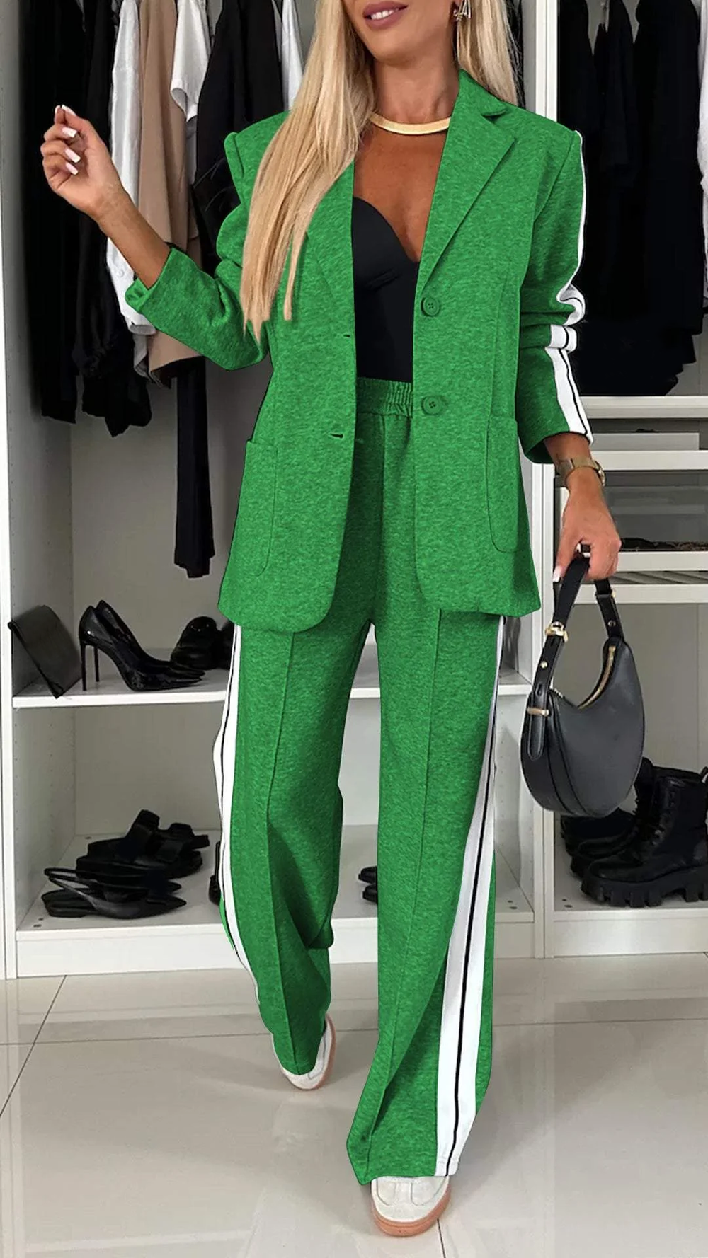 Comfortabele Dames Blazer Set met Wijde Pantalon en Strepen