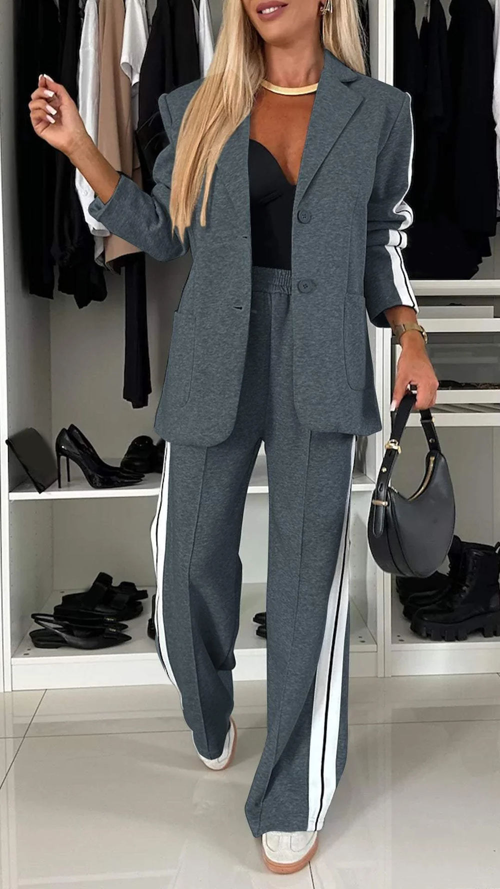 Comfortabele Dames Blazer Set met Wijde Pantalon en Strepen