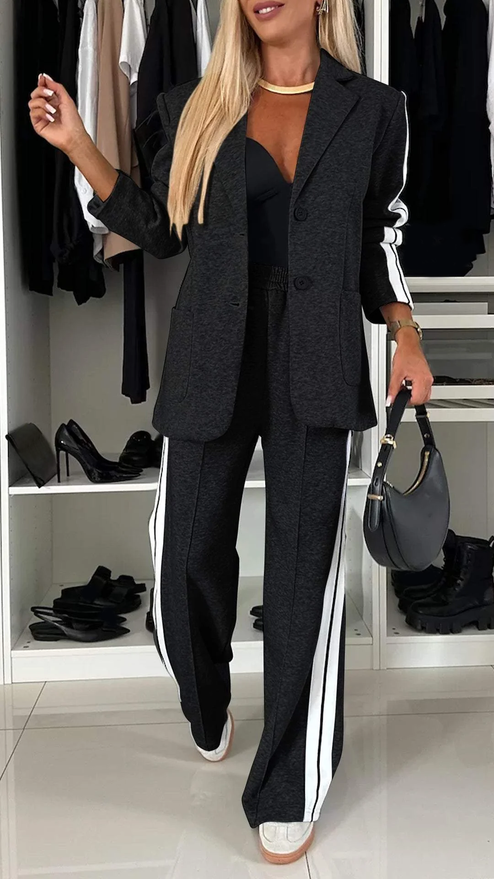 Comfortabele Dames Blazer Set met Wijde Pantalon en Strepen
