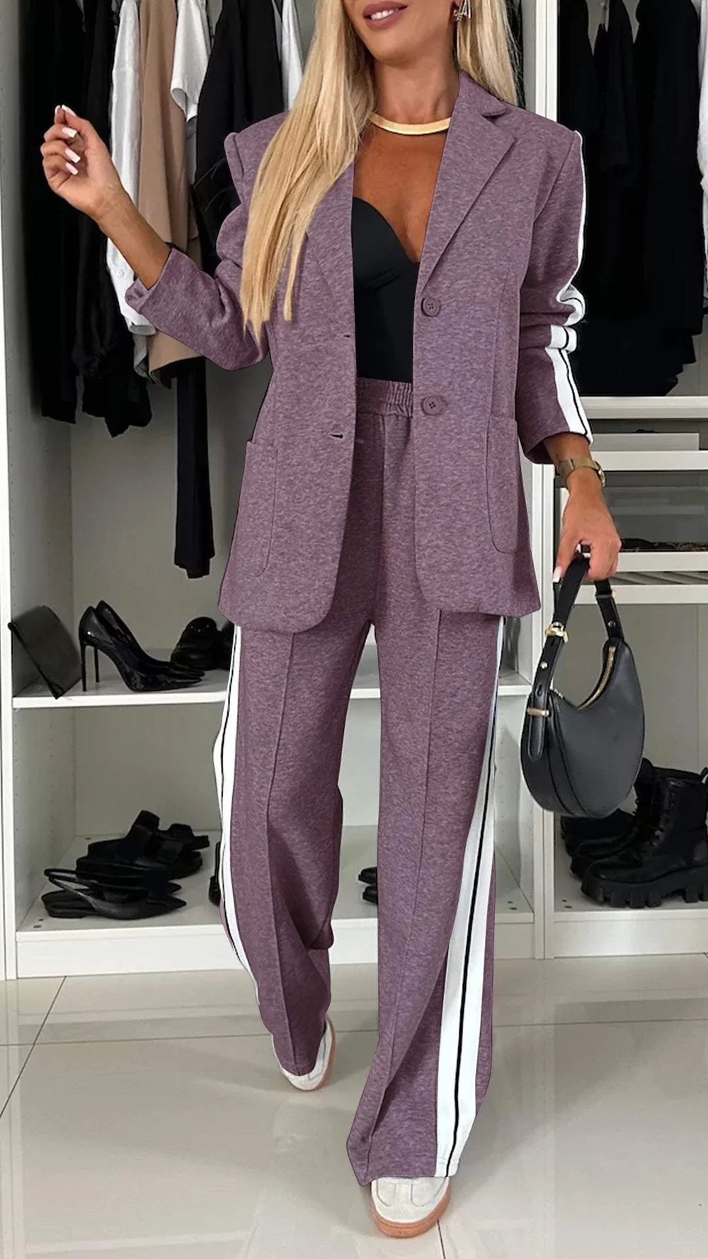 Comfortabele Dames Blazer Set met Wijde Pantalon en Strepen
