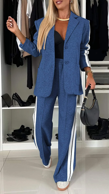 Comfortabele Dames Blazer Set met Wijde Pantalon en Strepen