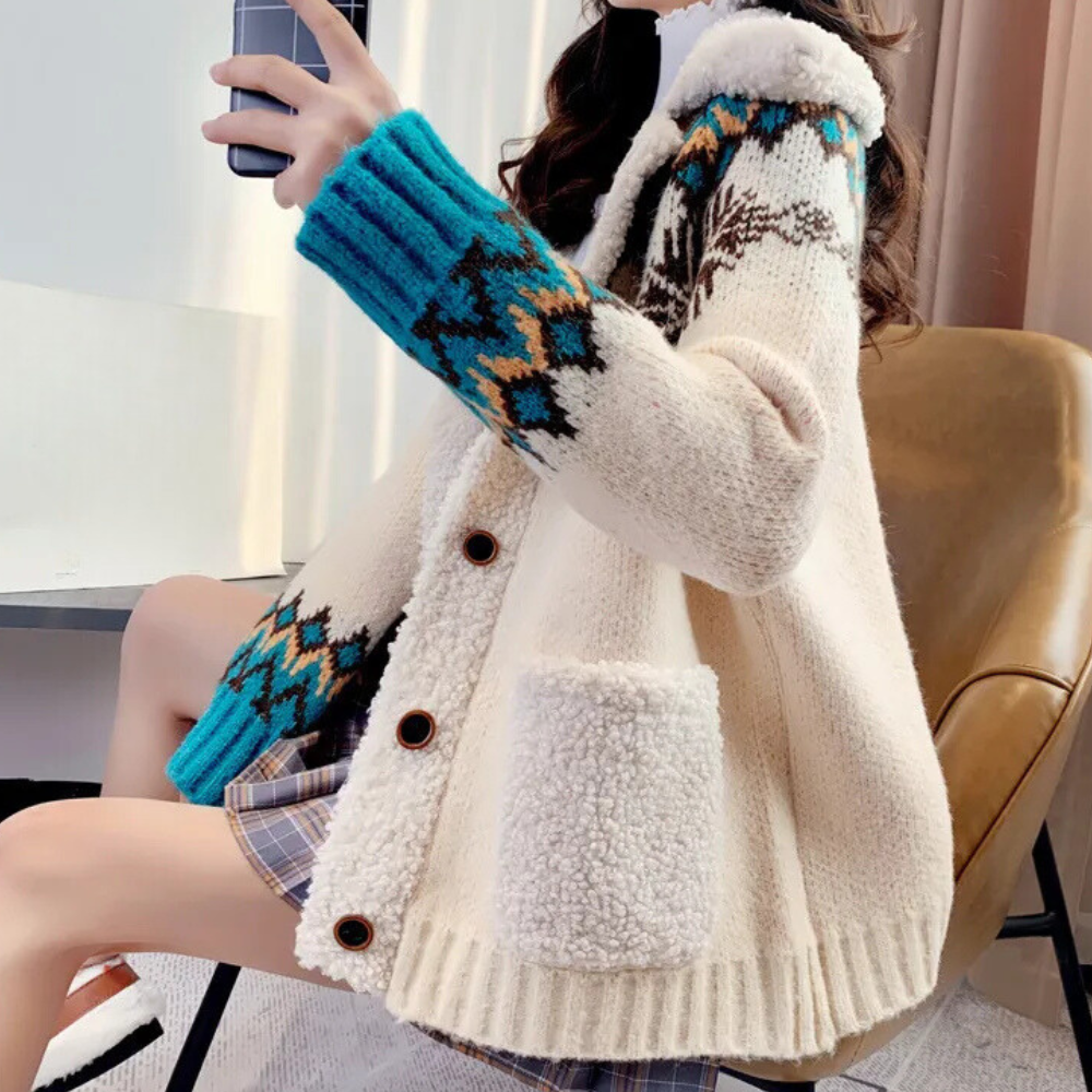 Knitted Winter Vest with Buttons Fleece Collar and Pockets for Women
