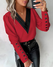 V-Neck Color Block Blouse for Women with Puff Sleeves and Buttons
