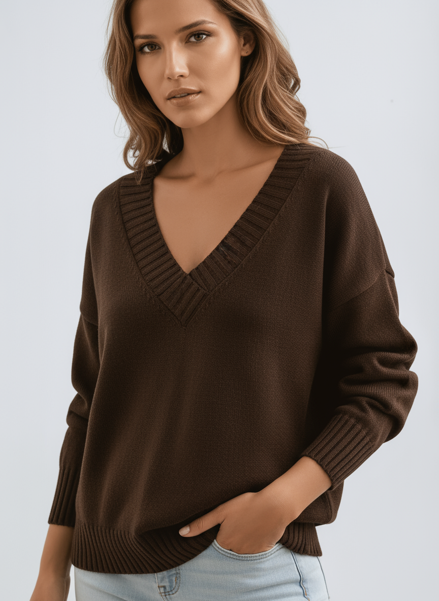 Miękki, oversize sweter damski z dekoltem w serek, dzianinowy, o wygodnym kroju