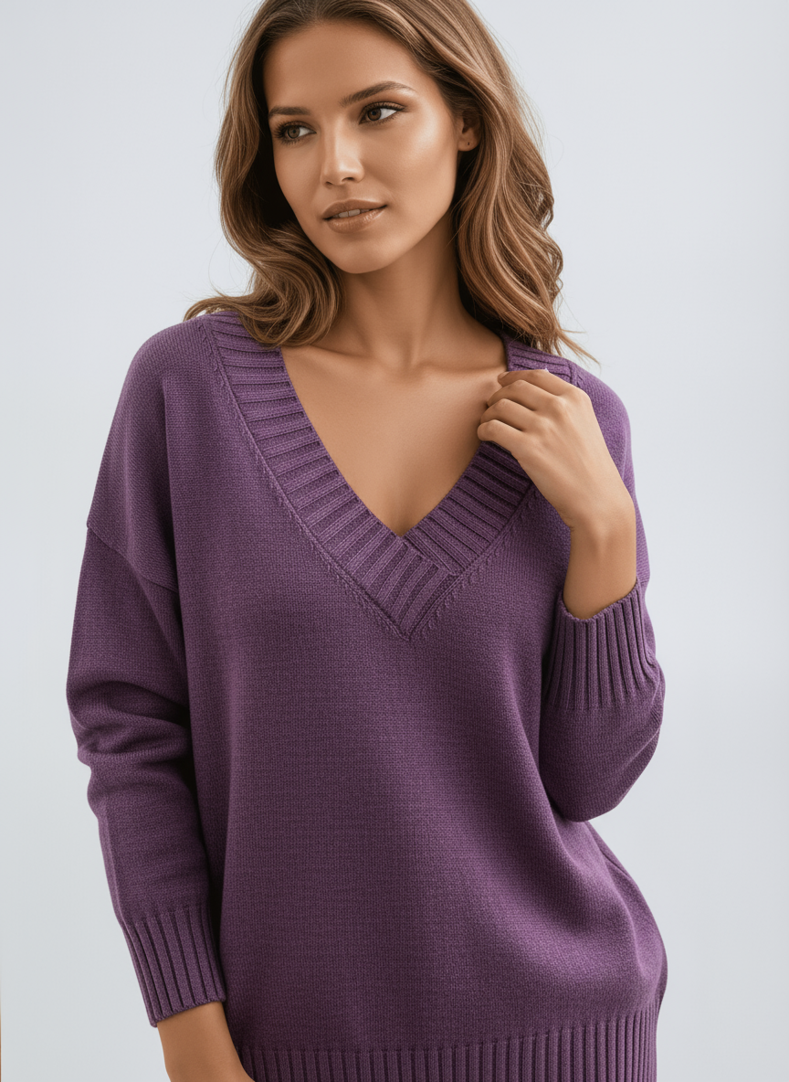Miękki, oversize sweter damski z dekoltem w serek, dzianinowy, o wygodnym kroju