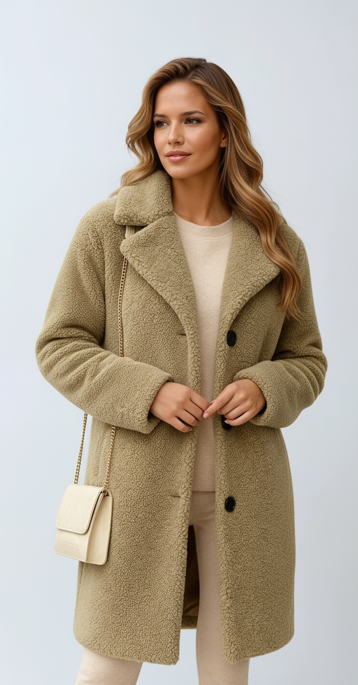 Fleece Jas Lang met Knopen Warme Winterjas voor Dames