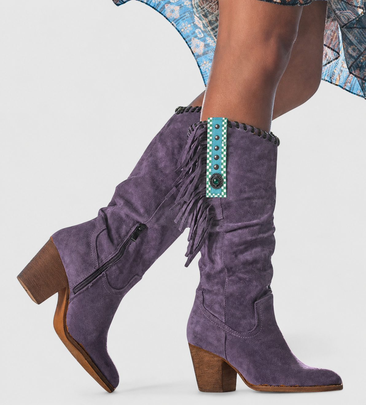 Dames Orthopedische Cowboylaarzen Met Franjes En Blokhak – Paars