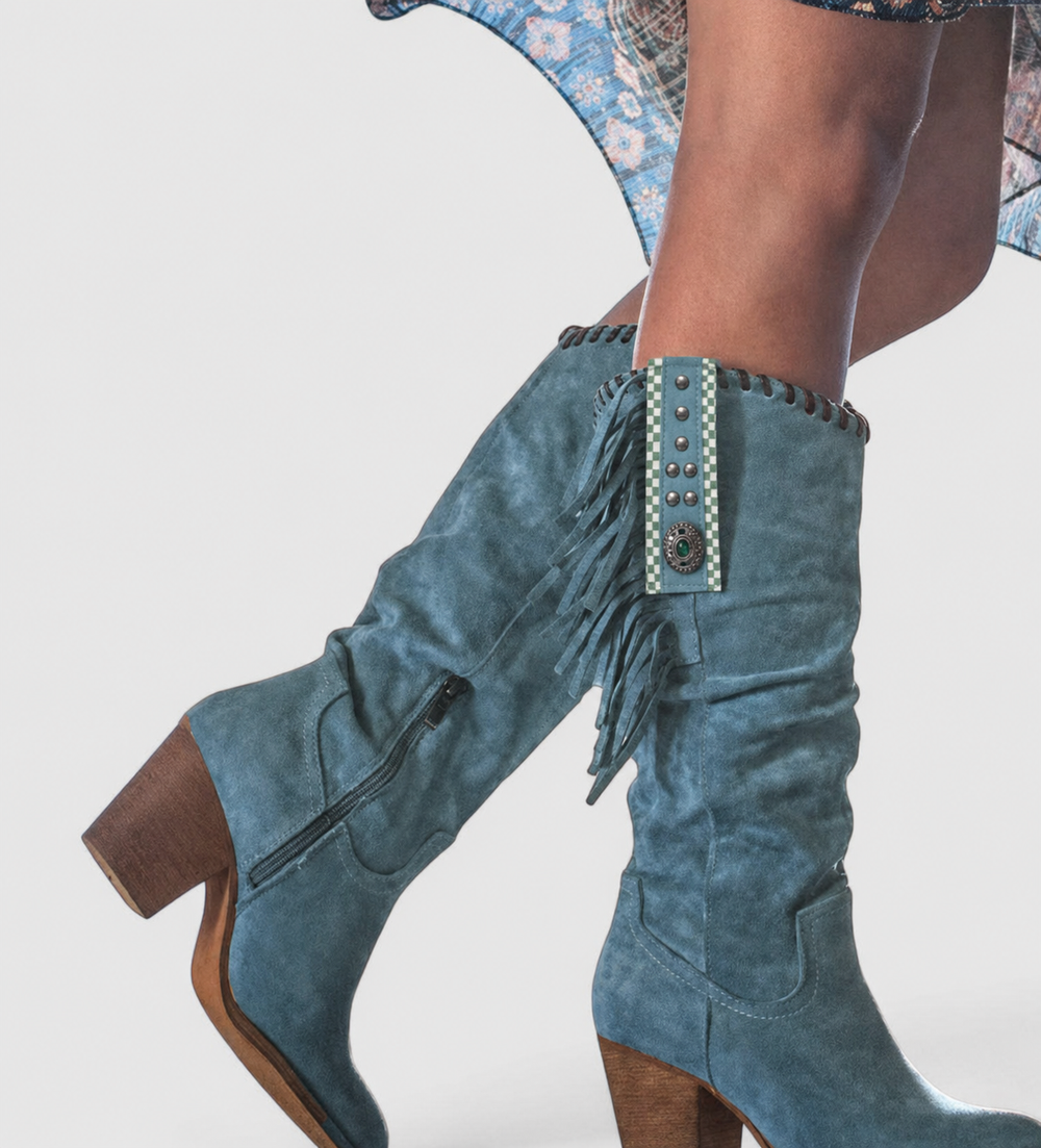 Dames Orthopedische Cowboylaarzen Met Franjes En Blokhak – Blauw