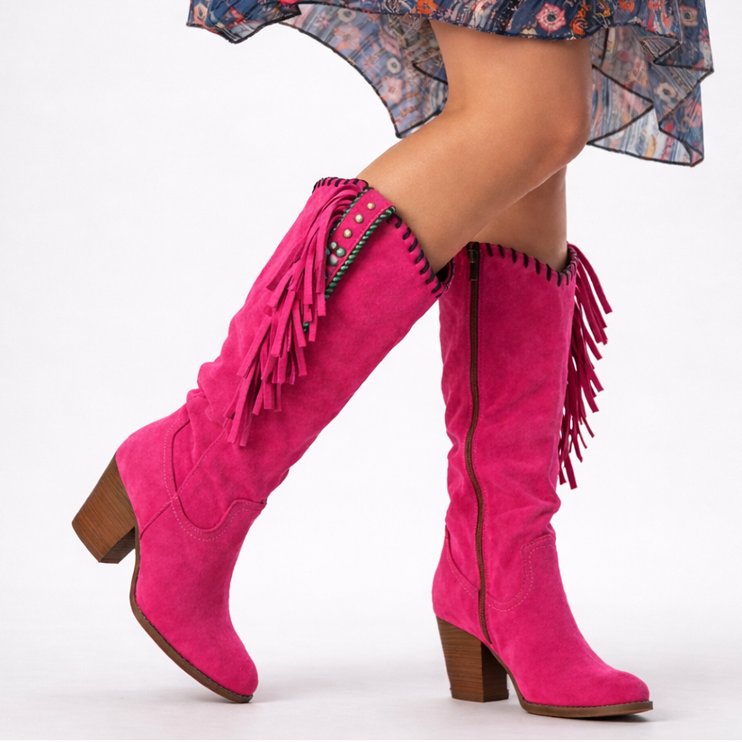 Dames Orthopedische Cowboylaarzen Met Franjes En Blokhak – Roze