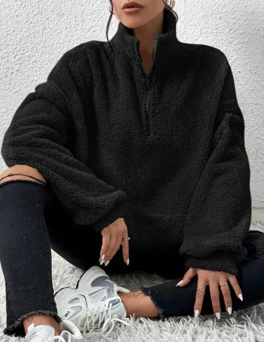 Zachte Warme Fleece Trui Dames met Half Zip en Hoge Kraag