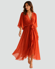 Midi wrap dress with V-neck and waist tie for women