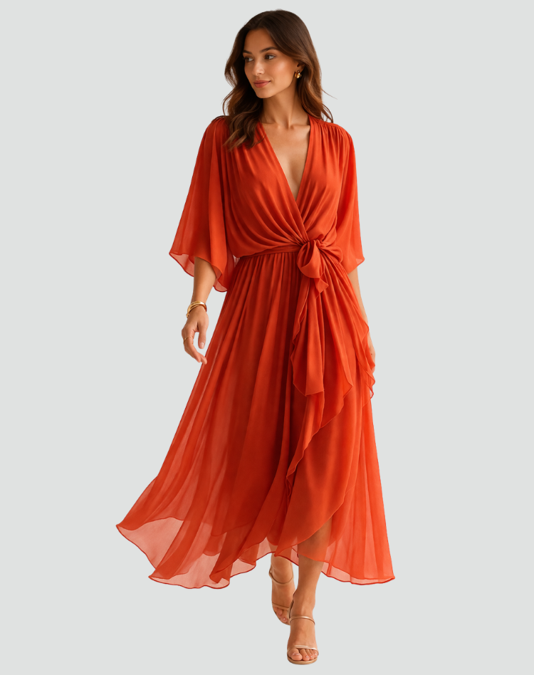 Midi wrap dress with V-neck and waist tie for women