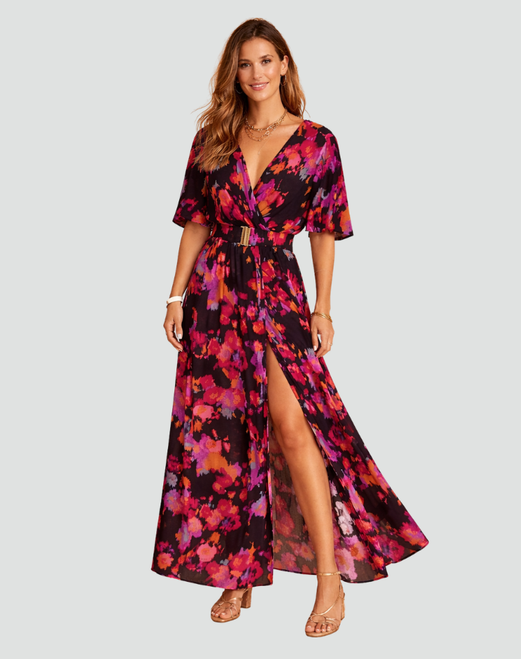 Party Maxi Jurk Met Print Diepe V Hals En Split