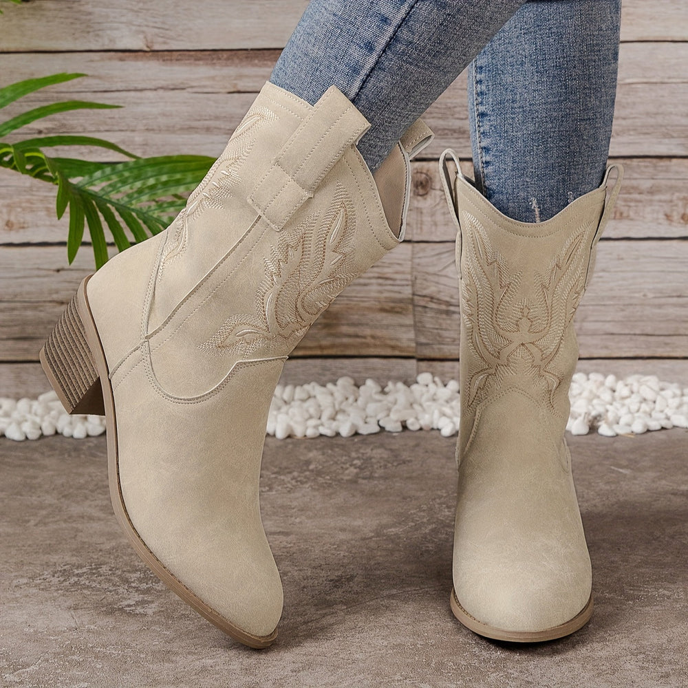Bottes western cowboy beige pour femmes, hauteur mollet, talon bloc et fermeture éclair latérale