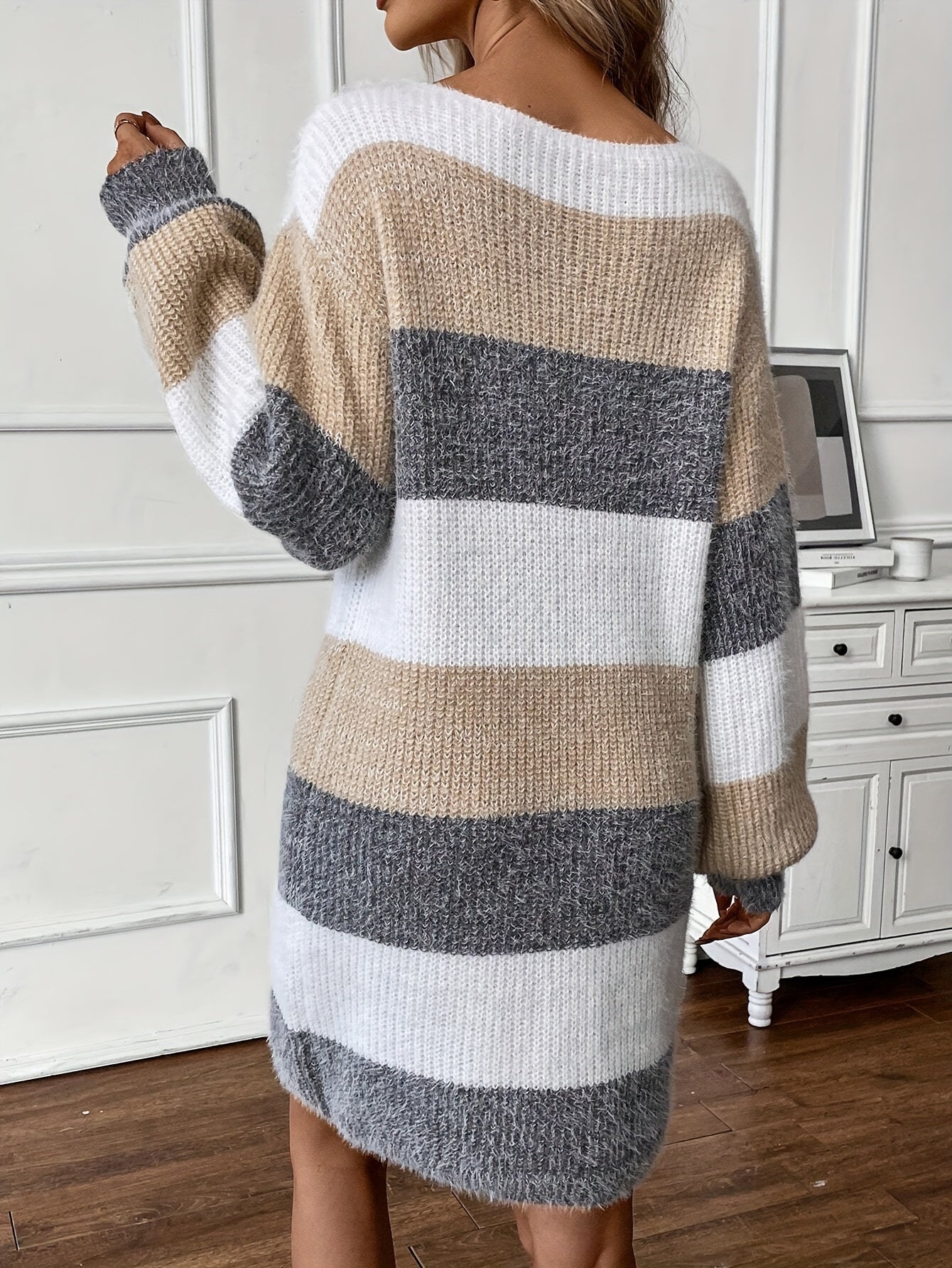 Trendy Gestreepte Mini Sweaterjurk Voor Dames