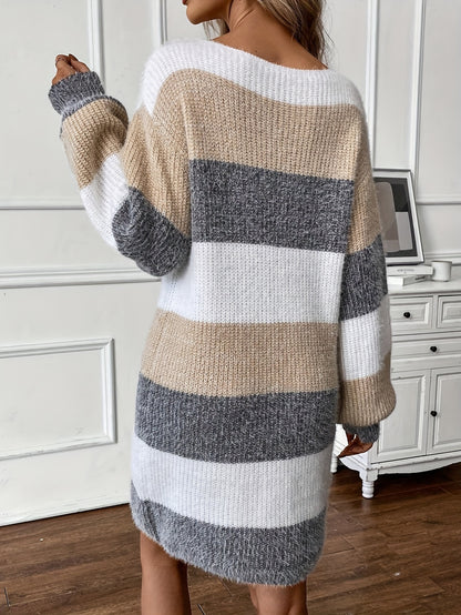 Trendy Gestreepte Mini Sweaterjurk Voor Dames