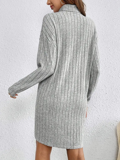 Trendy Geribde Mini Sweaterjurk Voor Dames Met Col En Lange Mouwen
