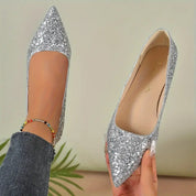 Festive Glitter Pumps with Low Block Heel and Pointed Toe for Women