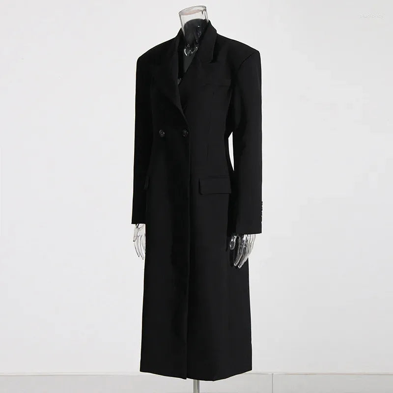 Zwart Lange Wollen Trenchcoat Met Revers Voor Vrouwen