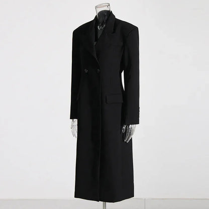 Zwart Lange Wollen Trenchcoat Met Revers Voor Vrouwen