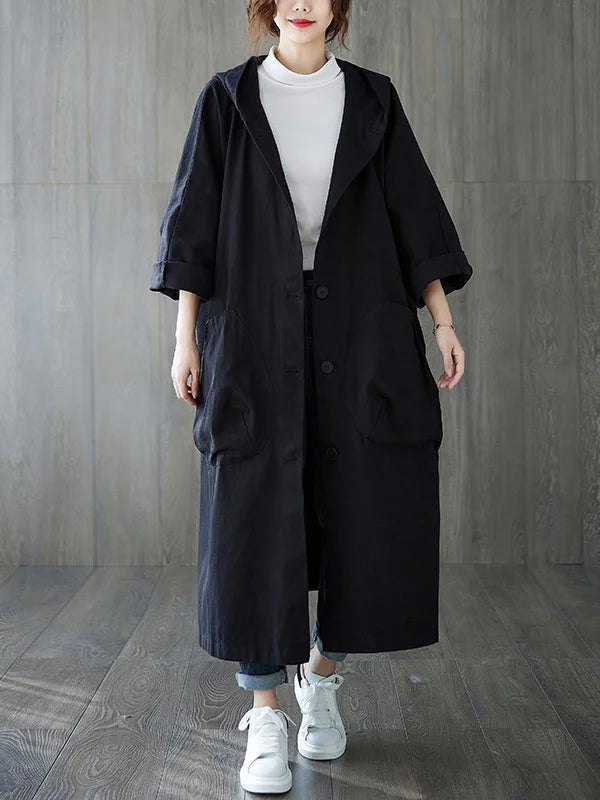 Oversized Midi Trenchcoat Met Capuchon En Grote Zakken Voor Dames
