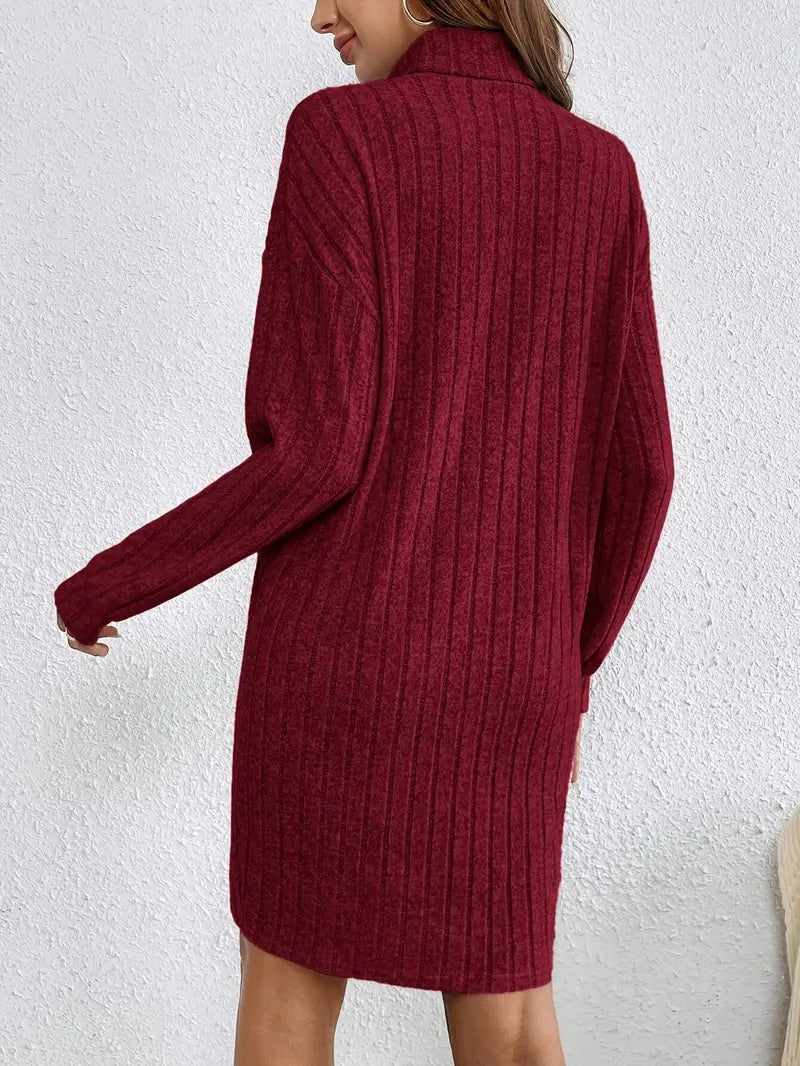 Trendy Geribde Mini Sweaterjurk Voor Dames Met Col En Lange Mouwen