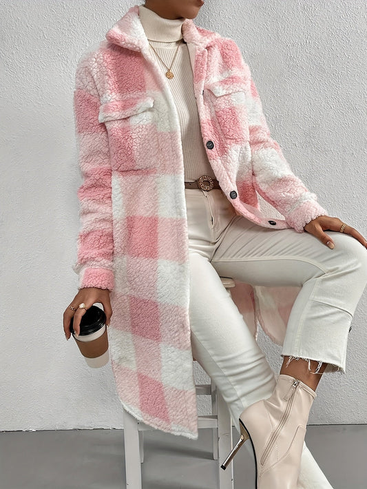 Geruitte Dames Teddy Jas Midi met Knopen en Zakken Winter