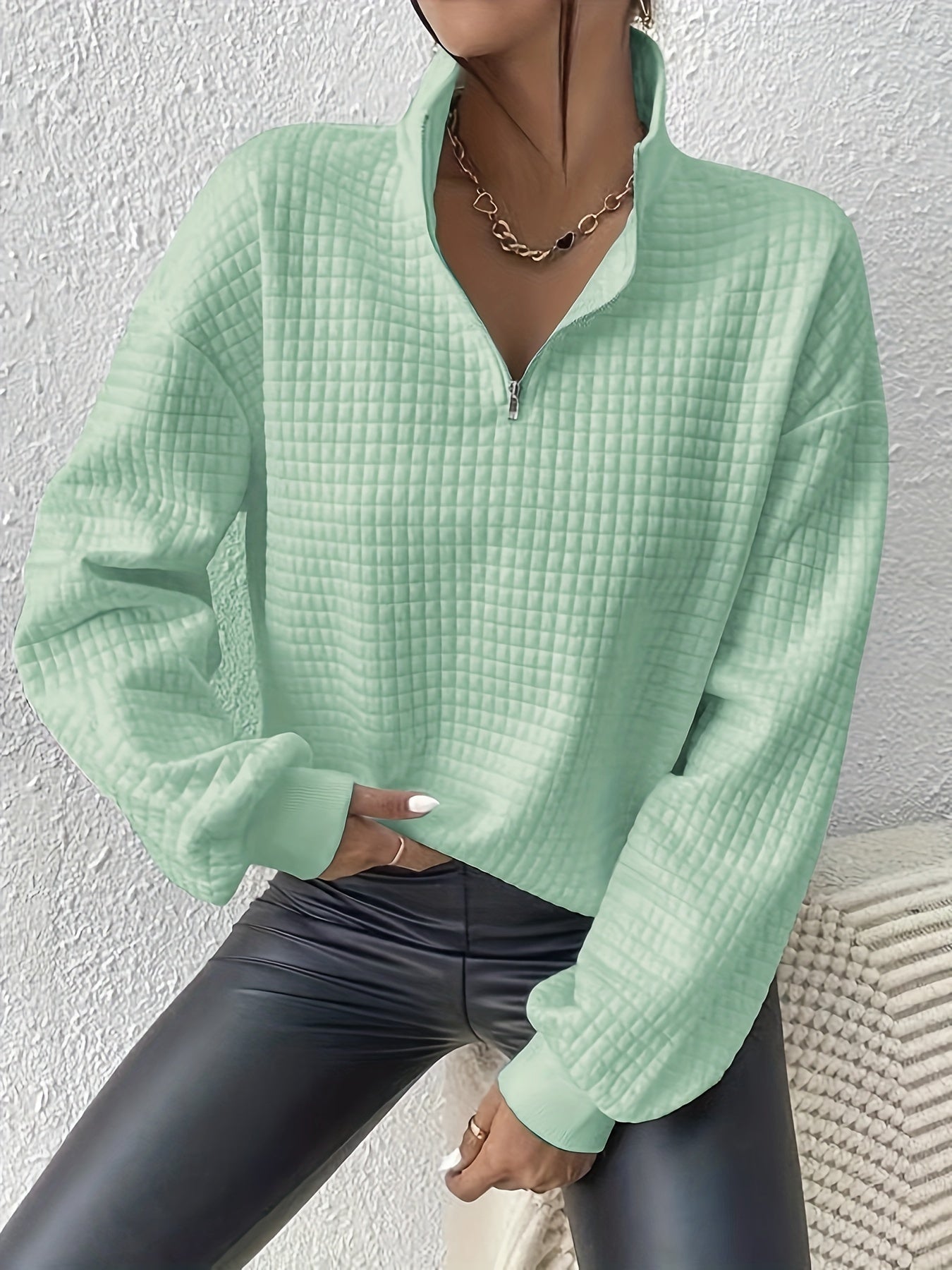 Dames Casual Sweater met Kwartrits en Wafelstructuur