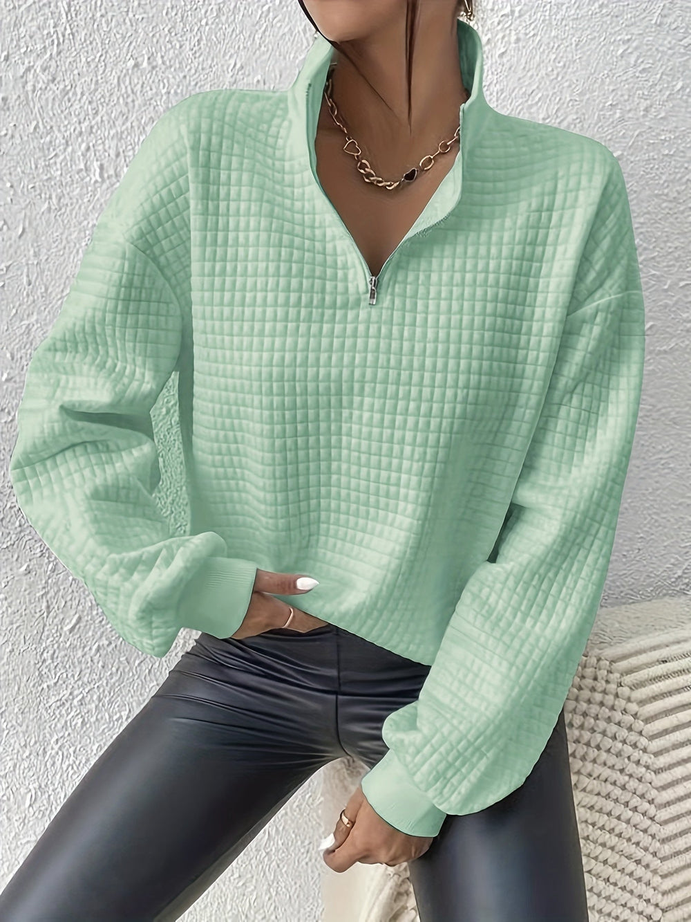 Dames Casual Sweater met Kwartrits en Wafelstructuur
