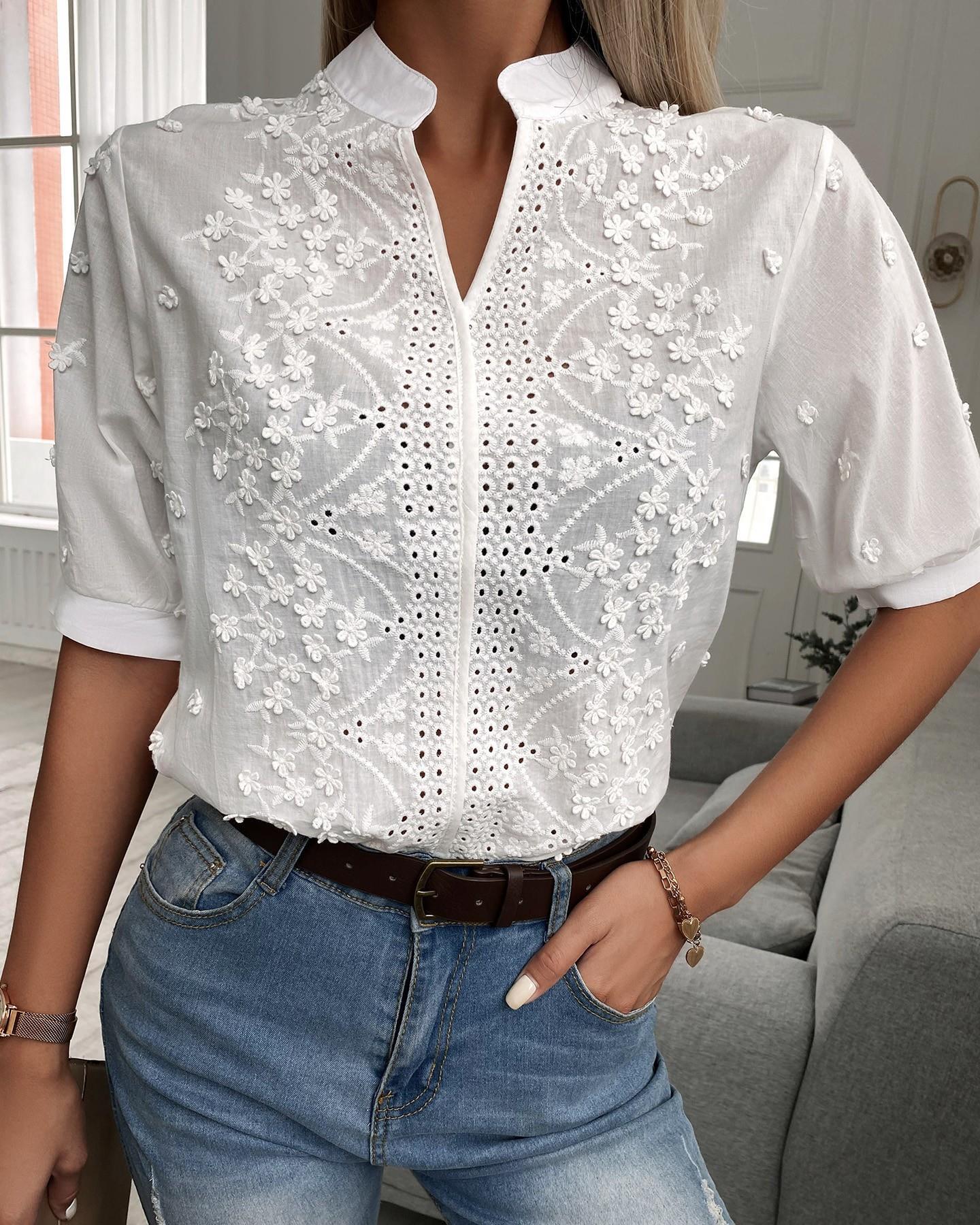 Embroidered Blouse with Stand-Up Collar and Short Sleeves