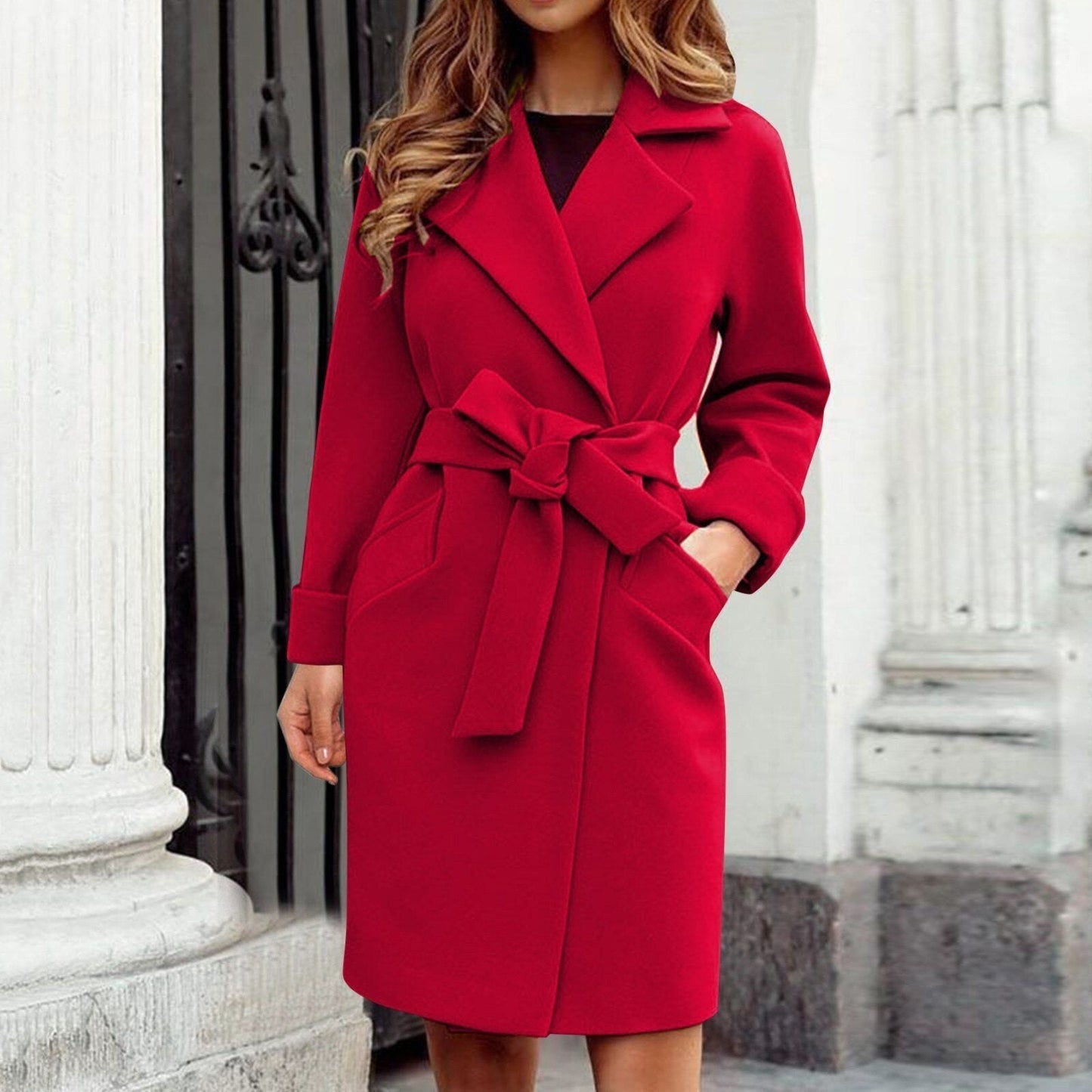 Elegante Midi Blazer Jas Voor Dames Met Strikceintuur En Reverskraag
