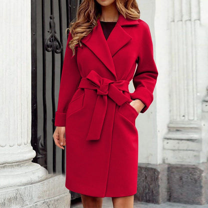 Elegante Midi Blazer Jas Voor Dames Met Strikceintuur En Reverskraag