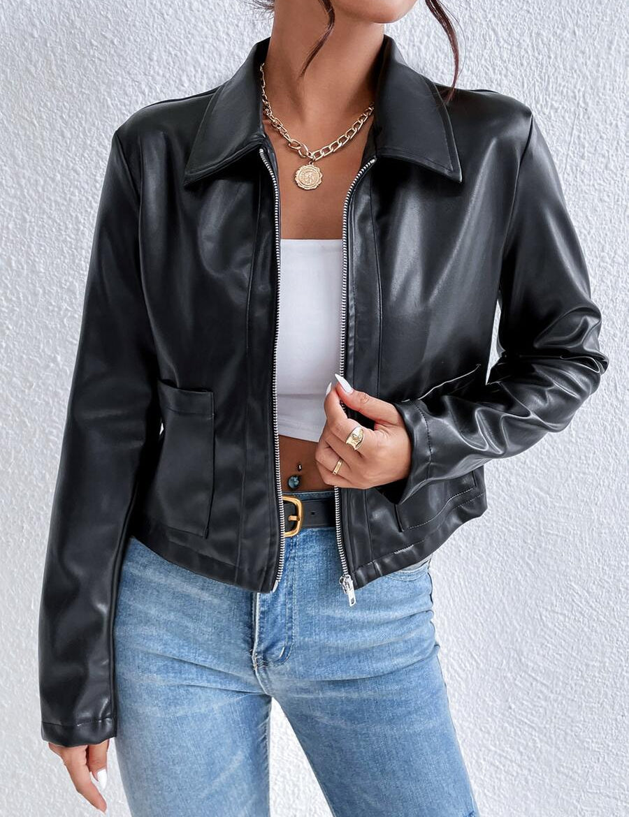ADRIENNE - CROPPED WIDE COLLAR FAUX LEATHER JACKET 1