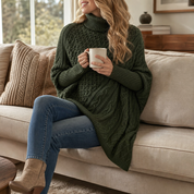Dames Knusse Kabelgebreide Poncho Trui met Ruime Mouwen