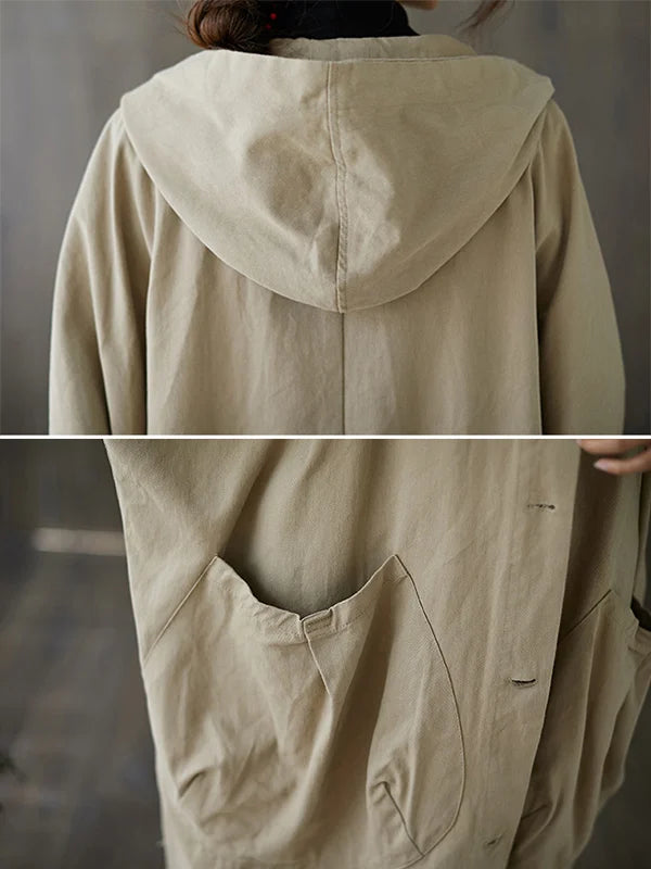 Oversized Midi Trenchcoat Met Capuchon En Grote Zakken Voor Dames