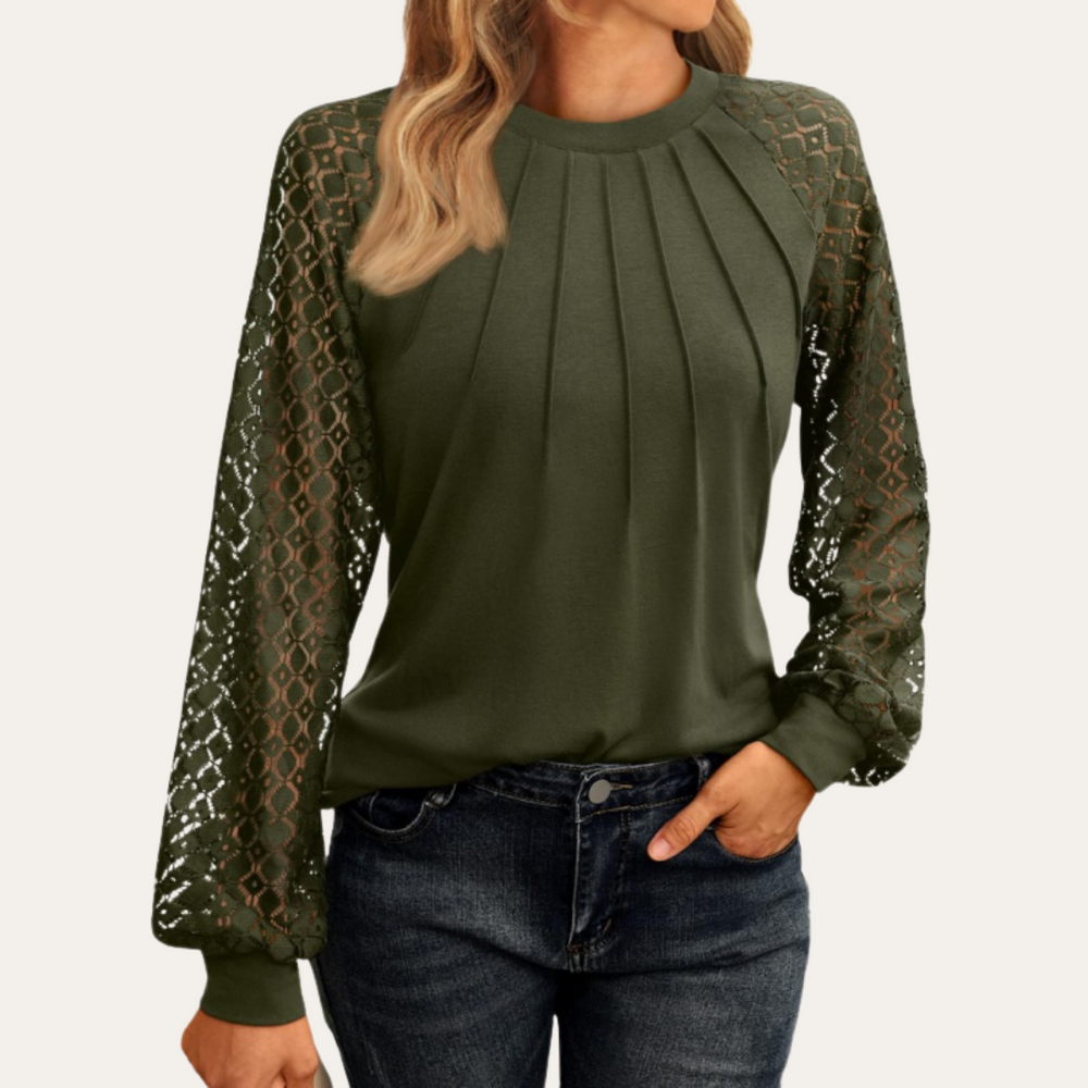 Blouse pour femmes avec manches en dentelle et encolure plissée