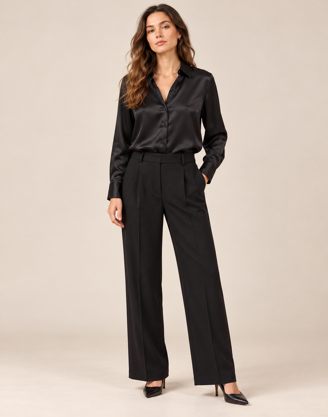Dames Chique Satijnlook Blouse met Klassieke Kraag en Knopen