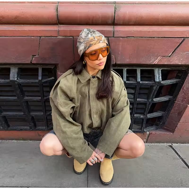 Dames Leren Jas Suede Oversized Warm
