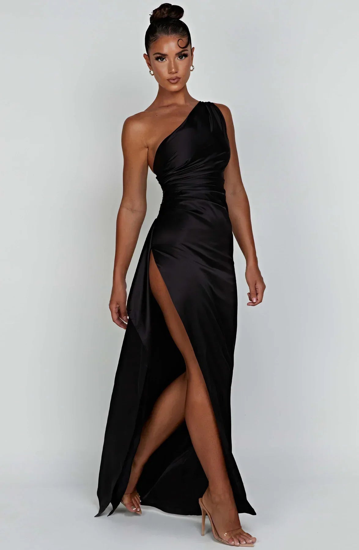 Dames Satijnen Elegante One-Shoulder Maxi met Hoge Split Galajurk