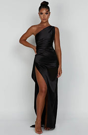 Elegant Satin One-Shoulder Maxi Evening Dress with High Slit